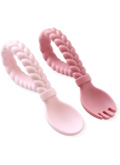 Itzy Ritzy Itzy Ritzy Silicone Spoon & Fork Set; Baby Utensils Featuring a Baby Fork and Spoon with Looped, Braided Handles - Made of 100% Food Grade Silicone & BPA-Free - Ages 6 Months and Up (Pink)  - Image 2
