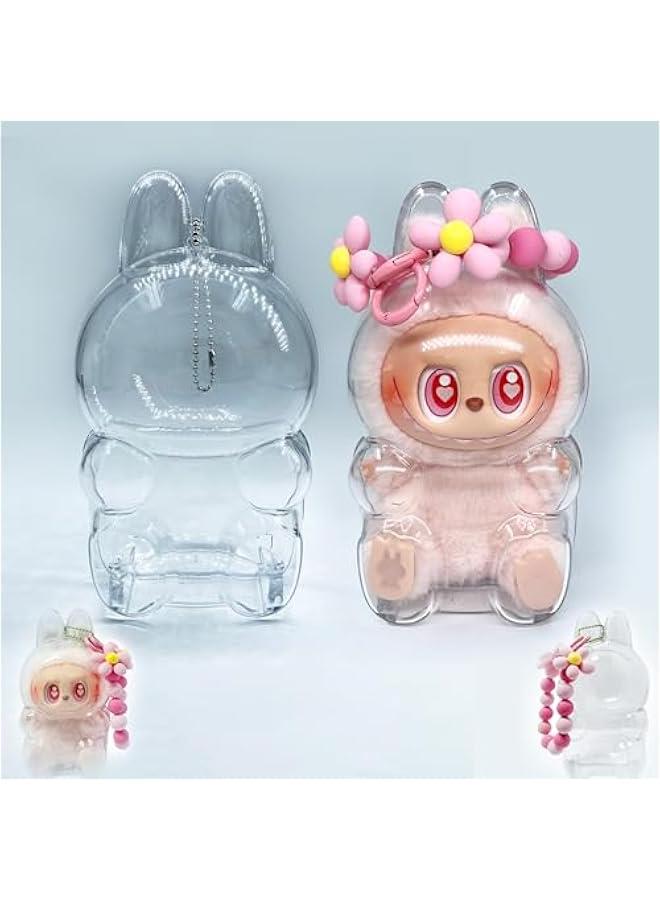 Arabest Protective Acrylic Case for LABUBU The Monsters Plush Toys – Clear Display Case with Pink Flower Chain – Perfect for Showcasing & Protecting Your Collectible Plush (HaveASeat-Sit) - Image 1