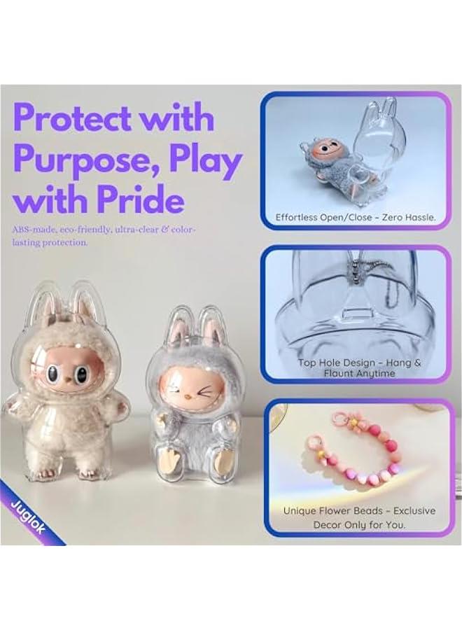 Arabest Protective Acrylic Case for LABUBU The Monsters Plush Toys – Clear Display Case with Pink Flower Chain – Perfect for Showcasing & Protecting Your Collectible Plush (HaveASeat-Sit) - Image 4