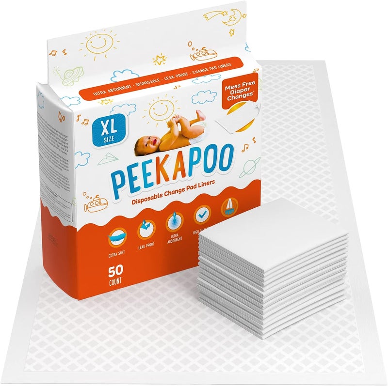 Peekapoo X-Large (30"x18") Disposable Changing Pads for Baby – Portable Changing Pad Liners for Mess Free Travel, Ultra Absorbent, Waterproof and Super Soft, 50 Count - Image 1