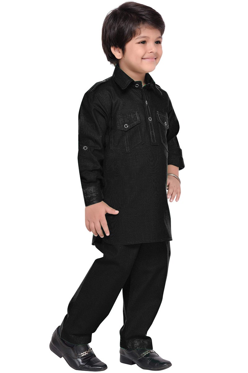 AJ DEZINES Pathani Suit For Kids Boys | Boys Kurta Set | Traditional Party & Ethnic Wear | Kids Kurta Pyjama Set | Solid Cotton Kurta Pajama | Wedding & Festive Outfit - Regular Fit - Black-2 - Image 3