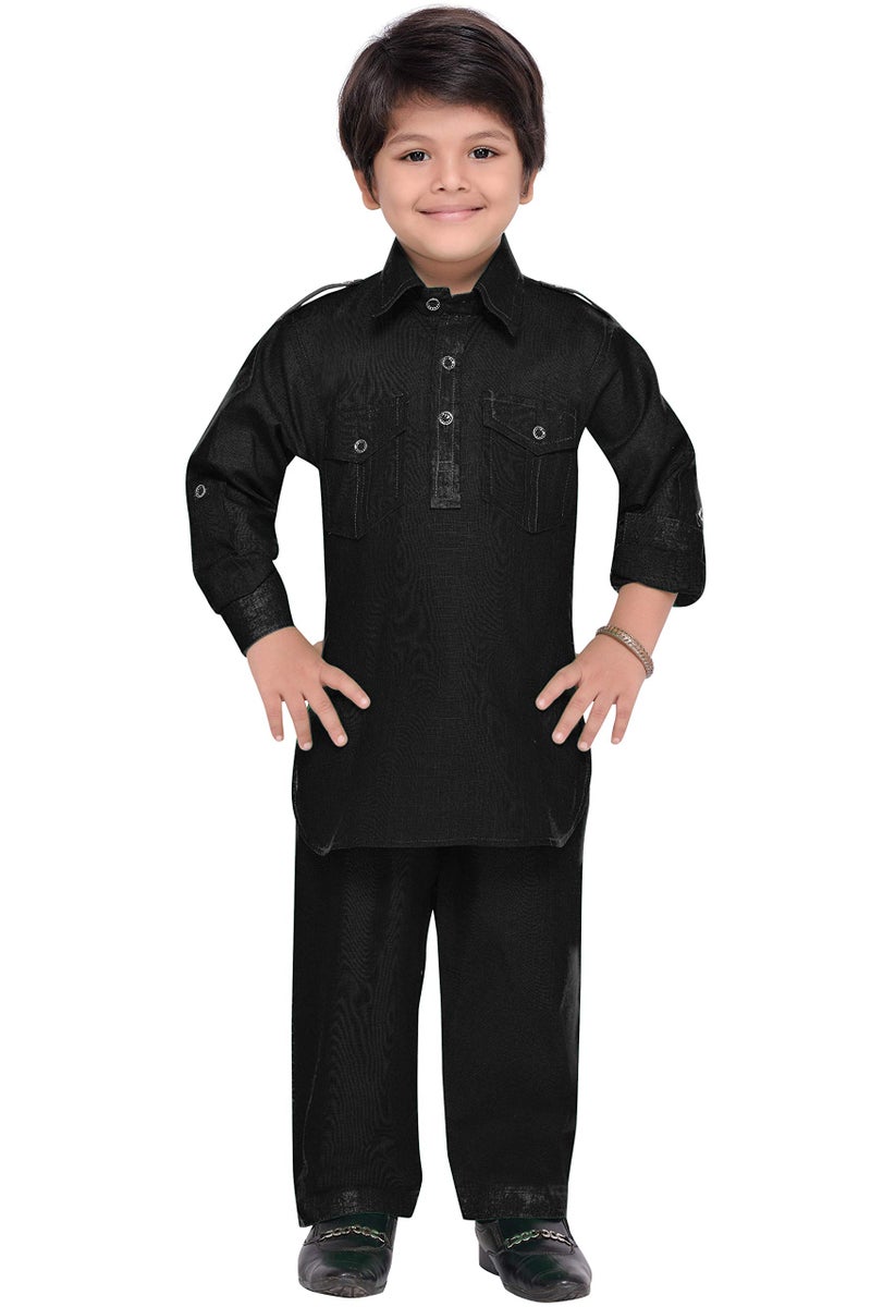 AJ DEZINES Pathani Suit For Kids Boys | Boys Kurta Set | Traditional Party & Ethnic Wear | Kids Kurta Pyjama Set | Solid Cotton Kurta Pajama | Wedding & Festive Outfit - Regular Fit - Black-2 - Image 1