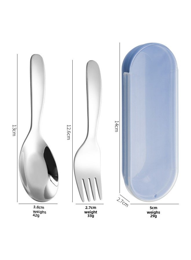 304 Stainless Steel Children's Fork Spoon Spoon Meal Feeding Complementary Food Baby Baby Short Handle Flat Bottom Gift Set-Specifications:304 Children Fork Spoon-blue Box - Image 1