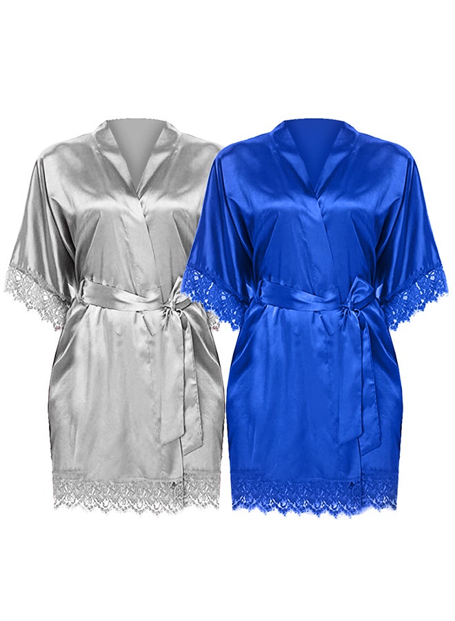 MARGOUN 2 Pack Small Size Women Satin Robe Belted Silky Robe Sleepwear Bridal Robe Kimono Lace Sleeve Nightgown /S(bust:76-80/waist:60-64) - Image 3
