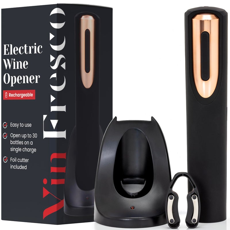 VIN FRESCO Rechargeable Electric Wine Bottle Opener - Charging Base and Foil Cutter Included with Automatic Wine Opener - Electric Corkscrew for Easy Cork Removal - Best Gift for Wine Lover (Black & Rose Gold)  - Image 1