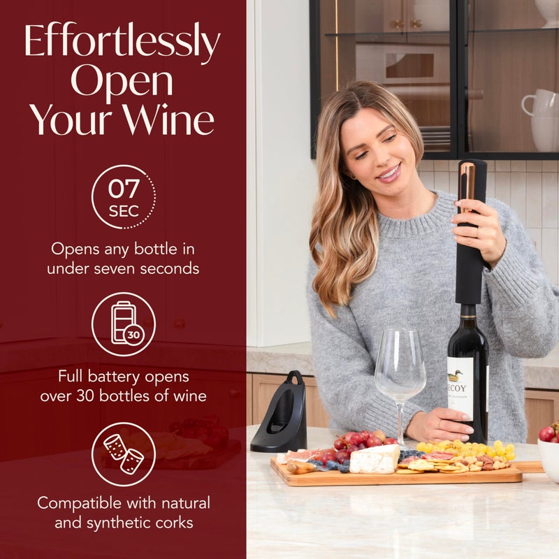 VIN FRESCO Rechargeable Electric Wine Bottle Opener - Charging Base and Foil Cutter Included with Automatic Wine Opener - Electric Corkscrew for Easy Cork Removal - Best Gift for Wine Lover (Black & Rose Gold)  - Image 2