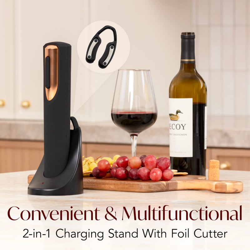 VIN FRESCO Rechargeable Electric Wine Bottle Opener - Charging Base and Foil Cutter Included with Automatic Wine Opener - Electric Corkscrew for Easy Cork Removal - Best Gift for Wine Lover (Black & Rose Gold)  - Image 3
