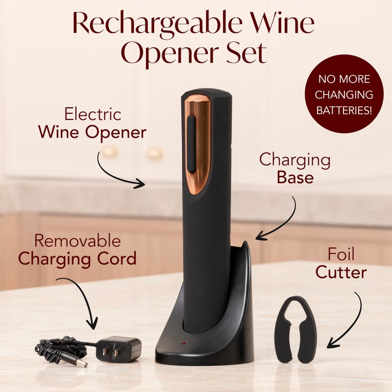VIN FRESCO Rechargeable Electric Wine Bottle Opener - Charging Base and Foil Cutter Included with Automatic Wine Opener - Electric Corkscrew for Easy Cork Removal - Best Gift for Wine Lover (Black & Rose Gold)  - Image 4