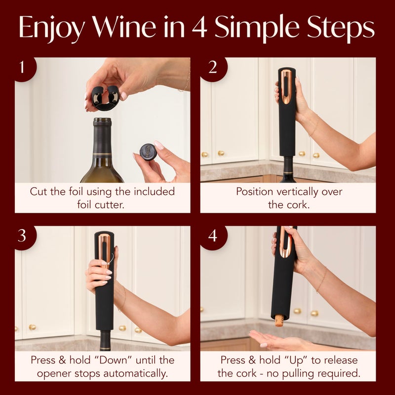 VIN FRESCO Rechargeable Electric Wine Bottle Opener - Charging Base and Foil Cutter Included with Automatic Wine Opener - Electric Corkscrew for Easy Cork Removal - Best Gift for Wine Lover (Black & Rose Gold)  - Image 5