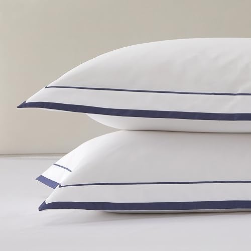 Ranznaz White Pillow Shams Queen Size Set of 2, 100% Cotton Queen Pillow Shams with Navy Embroidered Double Border, Elegant Luxury Hotel Decorative Pillow Cases with Envelpe Closure, 20x30 Inches - Image 1