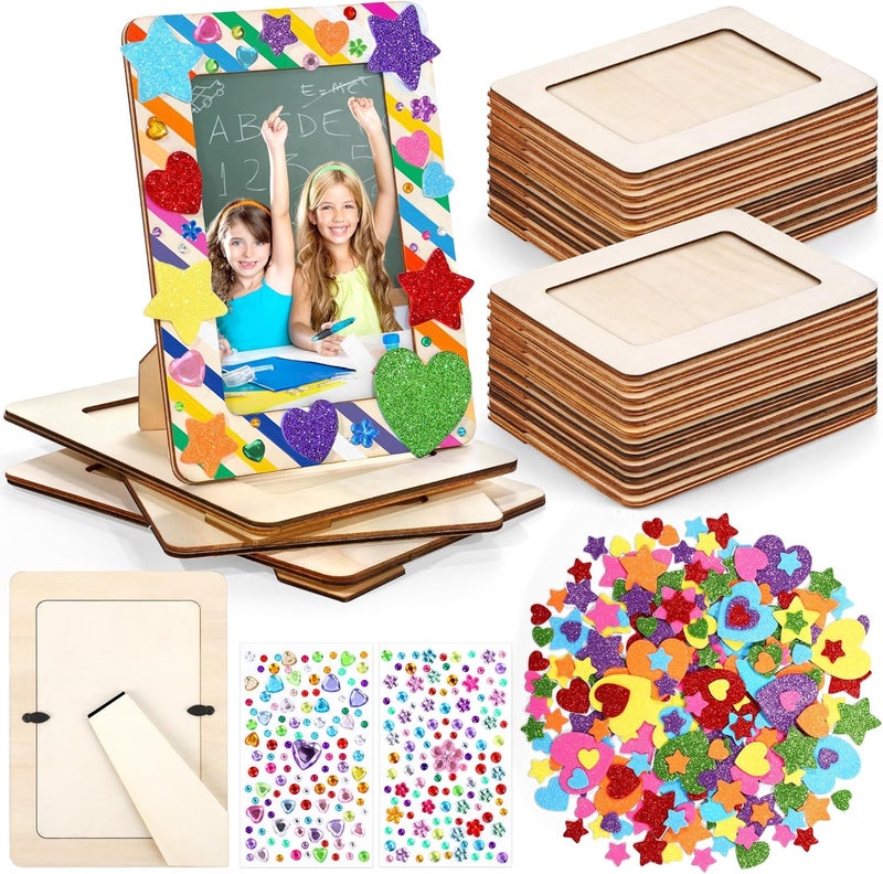 Aneco 6 Packs Picture Frame Painting Craft Kit for 4 x 6 Inch Photo DIY Unfinished Wooden Photo Frames with Diamond and Foam Stickers for DIY Crafts, Paint and Decorate - Image 1