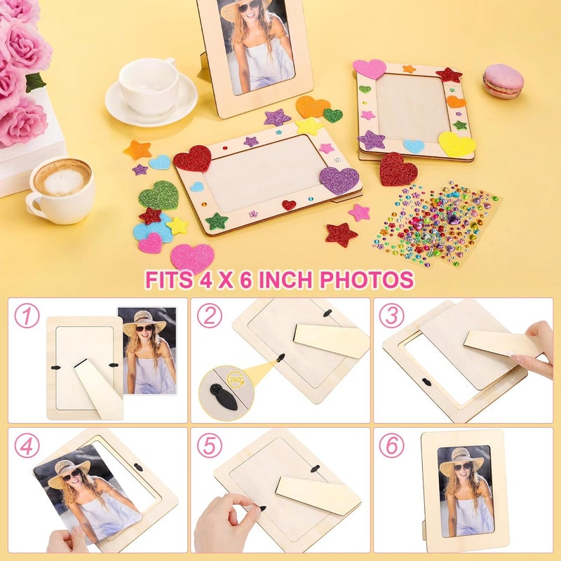 Aneco 6 Packs Picture Frame Painting Craft Kit for 4 x 6 Inch Photo DIY Unfinished Wooden Photo Frames with Diamond and Foam Stickers for DIY Crafts, Paint and Decorate - Image 3