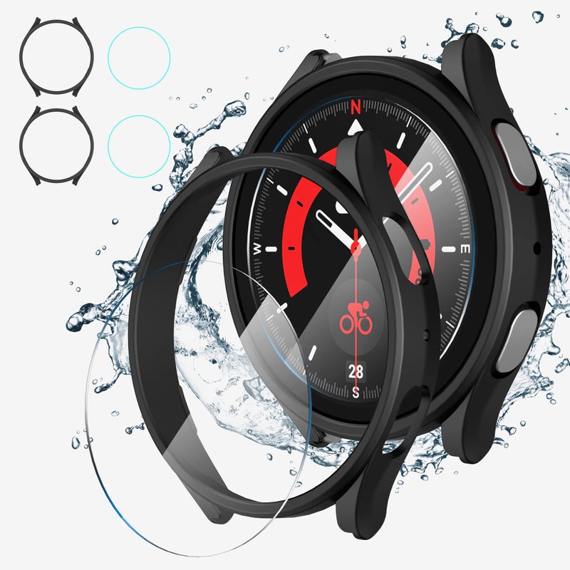 Suoman 2+2 Pack for Samsung Galaxy Watch 5 Pro 45mm Case, [Anti-Scratch] 9H Tempered Glass Screen Protector, All-Round PC Matte Protective Cover Bumper -Black - Image 1