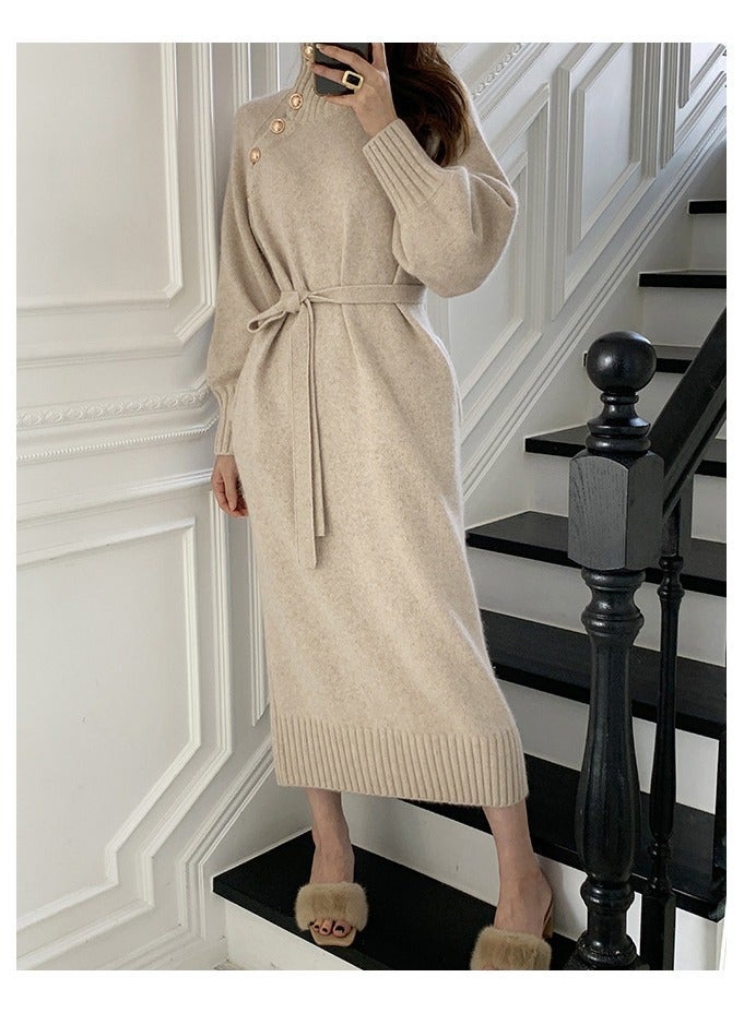NIBEMINENT Solid Slant Button Belted Dress, Elegant Long Sleeve Maxi Dress For Fall & Winter, Women's Clothing - Image 2