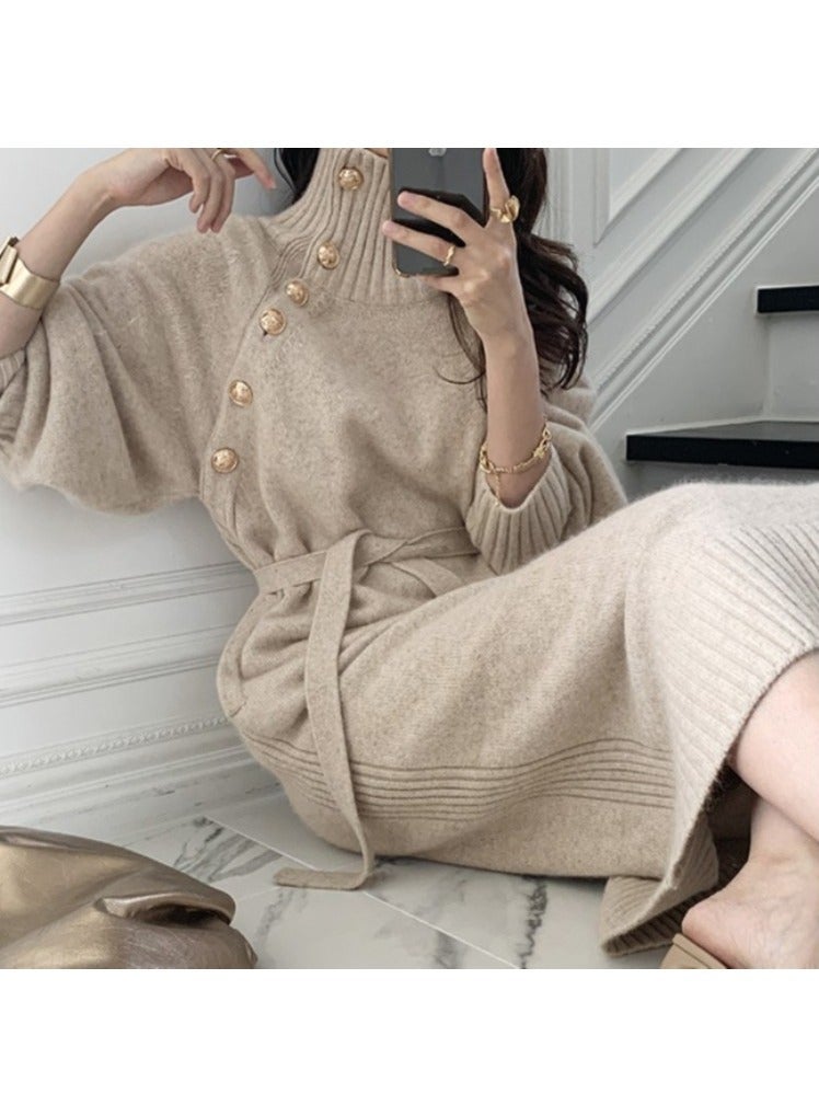 NIBEMINENT Solid Slant Button Belted Dress, Elegant Long Sleeve Maxi Dress For Fall & Winter, Women's Clothing - Image 4