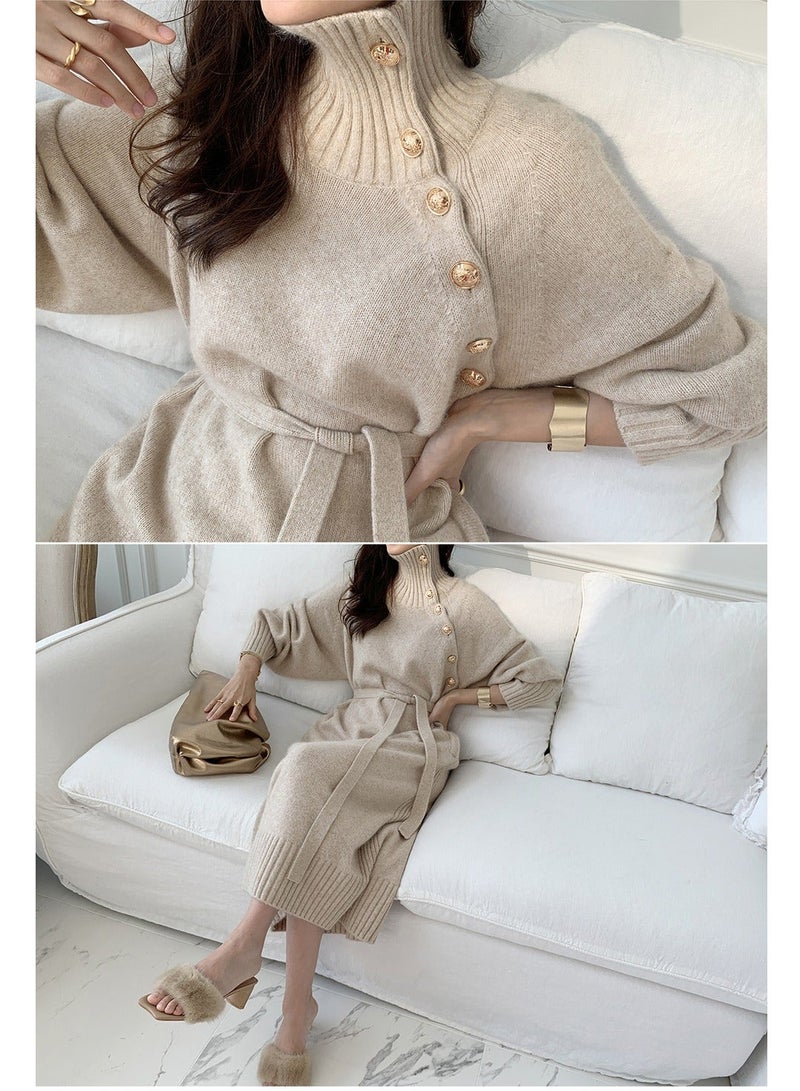 NIBEMINENT Solid Slant Button Belted Dress, Elegant Long Sleeve Maxi Dress For Fall & Winter, Women's Clothing - Image 5