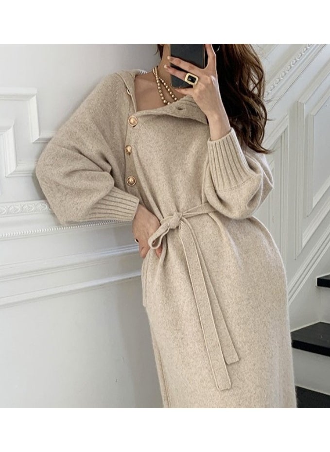 NIBEMINENT Solid Slant Button Belted Dress, Elegant Long Sleeve Maxi Dress For Fall & Winter, Women's Clothing  - Image 1