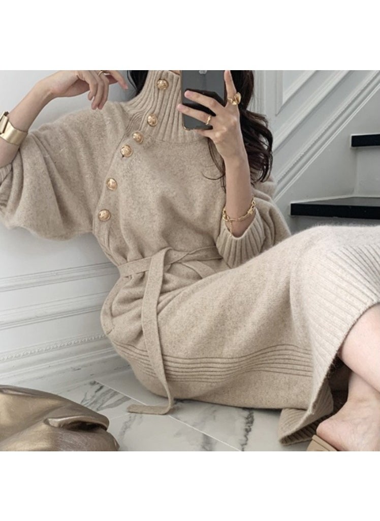 NIBEMINENT Solid Slant Button Belted Dress, Elegant Long Sleeve Maxi Dress For Fall & Winter, Women's Clothing  - Image 4