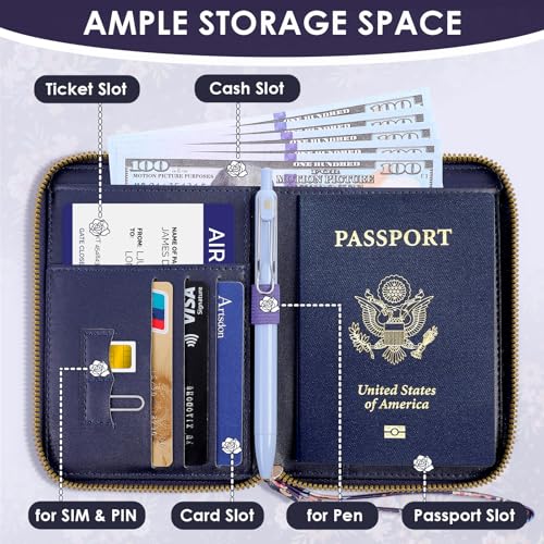 KONVINIT Passport Holder For Travel, RFID Blocking Leather Passport Cover For Travel Accessories, Passport Wallet with Zipper Closure, Cute Passport Book for Women and Men, Navy Blue Flowers - Image 2