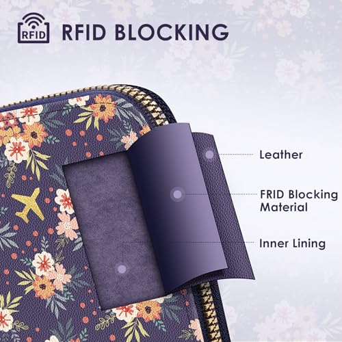 KONVINIT Passport Holder For Travel, RFID Blocking Leather Passport Cover For Travel Accessories, Passport Wallet with Zipper Closure, Cute Passport Book for Women and Men, Navy Blue Flowers - Image 4
