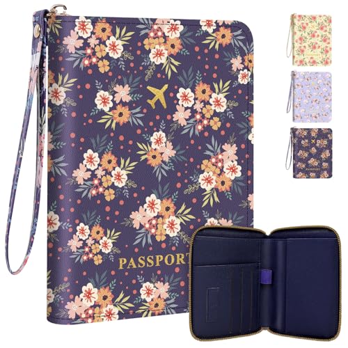 KONVINIT Passport Holder For Travel, RFID Blocking Leather Passport Cover For Travel Accessories, Passport Wallet with Zipper Closure, Cute Passport Book for Women and Men, Navy Blue Flowers - Image 1