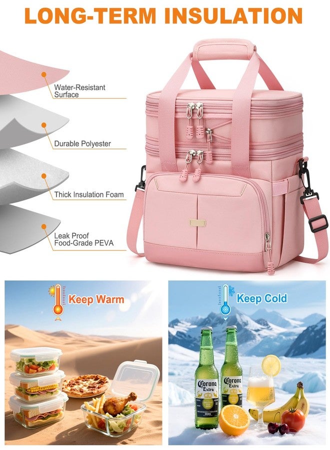 Pritent Lunch Box For Men Women Double Deck Insulated Lunch Bag For Men Woman Leakproof Expandable Cooler Bag with Adjustable Shoulder Strap for Work Picnic School(Pink,Medium) - Image 4
