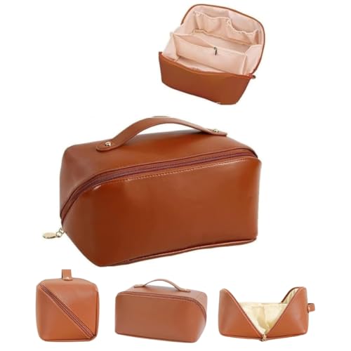 Sprqcart Large Capacity Travel Cosmetic Bag With Handle And Divider - Multifunctional Makeup Bag For Easy Access, Waterproof- (-Brown), 10 Cms - Image 1