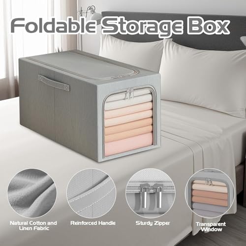 FLYNGO Linen 2 Pcs 31L Foldable Steel Frame Clothes Organizer Storage Box, Cloth Wardrobe Organizer for Storage Home, Bedroom with Handle - 31 Liters (Pack of 2, Grey) - Image 3