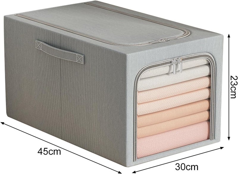 FLYNGO Linen 2 Pcs 31L Foldable Steel Frame Clothes Organizer Storage Box, Cloth Wardrobe Organizer for Storage Home, Bedroom with Handle - 31 Liters (Pack of 2, Grey) - Image 2