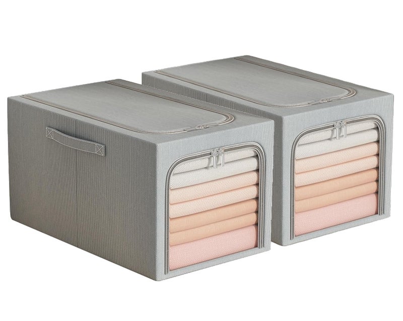 FLYNGO Linen 2 Pcs 31L Foldable Steel Frame Clothes Organizer Storage Box, Cloth Wardrobe Organizer for Storage Home, Bedroom with Handle - 31 Liters (Pack of 2, Grey) - Image 1