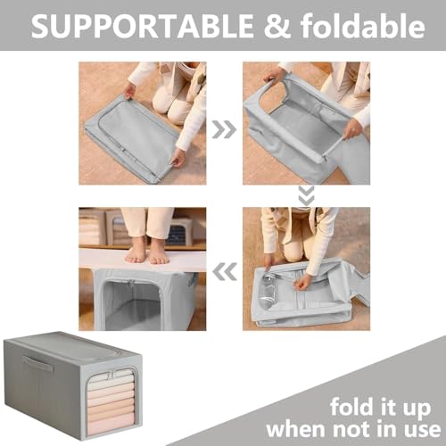 FLYNGO Linen 2 Pcs 31L Foldable Steel Frame Clothes Organizer Storage Box, Cloth Wardrobe Organizer for Storage Home, Bedroom with Handle - 31 Liters (Pack of 2, Grey) - Image 5