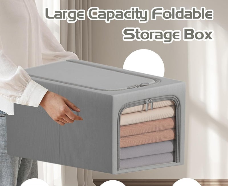 FLYNGO Linen 2 Pcs 31L Foldable Steel Frame Clothes Organizer Storage Box, Cloth Wardrobe Organizer for Storage Home, Bedroom with Handle - 31 Liters (Pack of 2, Grey) - Image 4