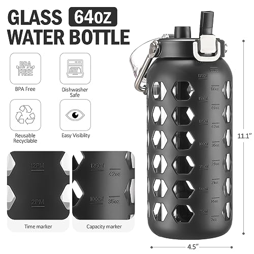 MUKOKO 64oz Glass Water Bottles with Straw and Lid,Half Gallon Water Bottle with Time Marker,Large Glass Water Jug with Silicone Sleeve and Stainless Steel Handle-Black - Image 3