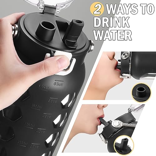 MUKOKO 64oz Glass Water Bottles with Straw and Lid,Half Gallon Water Bottle with Time Marker,Large Glass Water Jug with Silicone Sleeve and Stainless Steel Handle-Black - Image 5