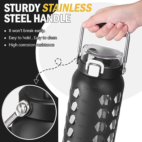 MUKOKO 64oz Glass Water Bottles with Straw and Lid,Half Gallon Water Bottle with Time Marker,Large Glass Water Jug with Silicone Sleeve and Stainless Steel Handle-Black - Image 2