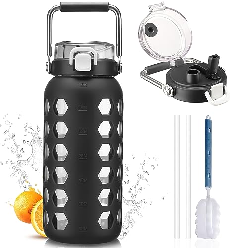 MUKOKO 64oz Glass Water Bottles with Straw and Lid,Half Gallon Water Bottle with Time Marker,Large Glass Water Jug with Silicone Sleeve and Stainless Steel Handle-Black - Image 1