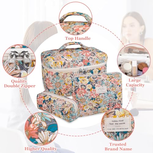 Gosect Makeup Bag Set, Quilted Makeup Bag, Large Floral Cosmetic Bag for Women, Cute Cotton Makeup Bags, Flower Travel Toiletry Organizer Bag (South Twigs Flower) - Image 3