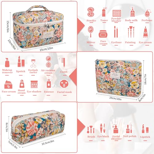Gosect Makeup Bag Set, Quilted Makeup Bag, Large Floral Cosmetic Bag for Women, Cute Cotton Makeup Bags, Flower Travel Toiletry Organizer Bag (South Twigs Flower) - Image 2