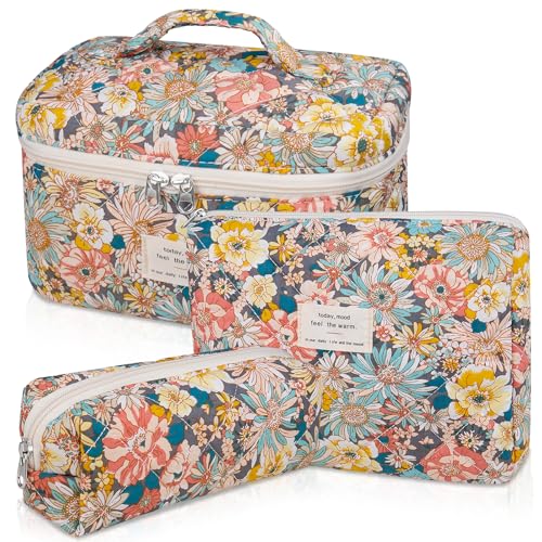 Gosect Makeup Bag Set, Quilted Makeup Bag, Large Floral Cosmetic Bag for Women, Cute Cotton Makeup Bags, Flower Travel Toiletry Organizer Bag (South Twigs Flower) - Image 1