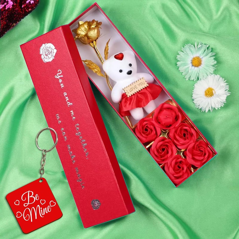 Generic Valentine Gift for Girlfriend Boyfriend Husband Wife Romantic Girls Boys Love Couple Men Women Birthday Special Wedding Anniversary - Artificial Rose Flower with Teddy Gift Box Free Keychain  - Image 1