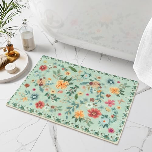 Uphome Green Bathroom Rug, Boho Non-Slip Bath Mat, Cute Soft Shaggy Colorful Bathroom Mat, Machine Washable Farmhouse Flower Small Bath Rug for Shower Bathtub Sink, 18x26 inch - Image 1
