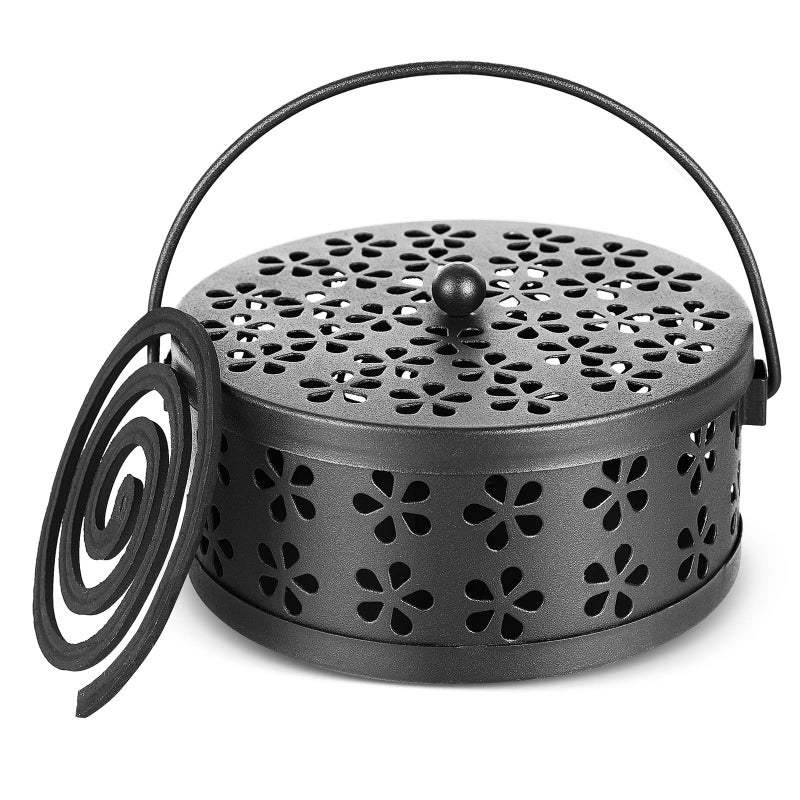 Whiidoom Retro Portable Iron Mosquito Coil Holder With Handle Round Fireproof Incense Holder (Black) - Image 1