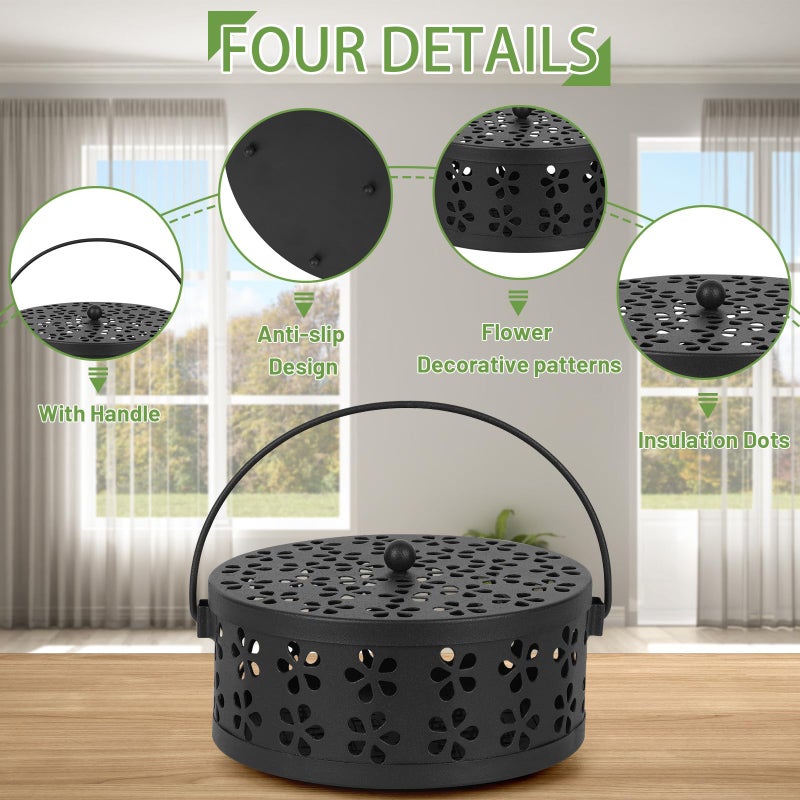 Whiidoom Retro Portable Iron Mosquito Coil Holder With Handle Round Fireproof Incense Holder (Black) - Image 4