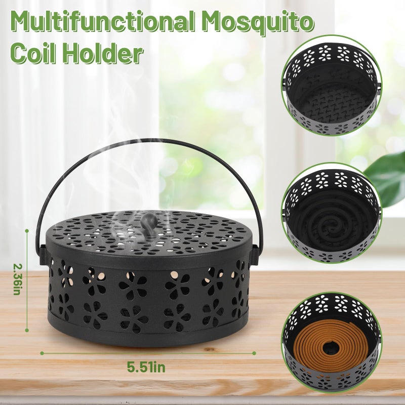 Whiidoom Retro Portable Iron Mosquito Coil Holder With Handle Round Fireproof Incense Holder (Black) - Image 2