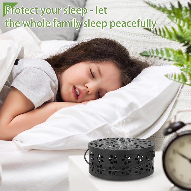 Whiidoom Retro Portable Iron Mosquito Coil Holder With Handle Round Fireproof Incense Holder (Black) - Image 3