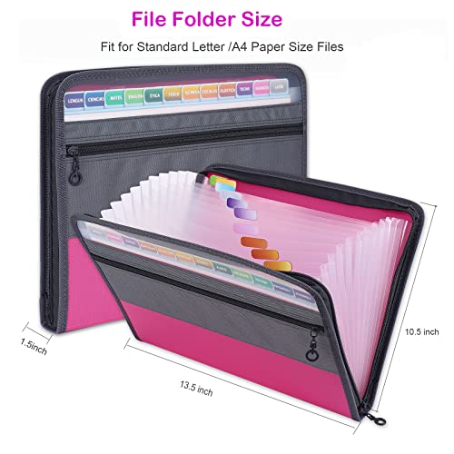 MEGREZ A4 Paper File Folder with 13 Pockets, Accordion File Folder with Zipper File Folder Organizer for Office, Waterproof Expanding File Folder with Tabs, Pink & Blue(2 Packs) - Image 3