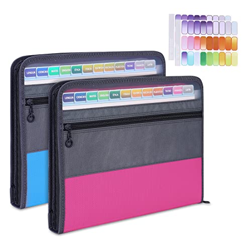 MEGREZ A4 Paper File Folder with 13 Pockets, Accordion File Folder with Zipper File Folder Organizer for Office, Waterproof Expanding File Folder with Tabs, Pink & Blue(2 Packs) - Image 1
