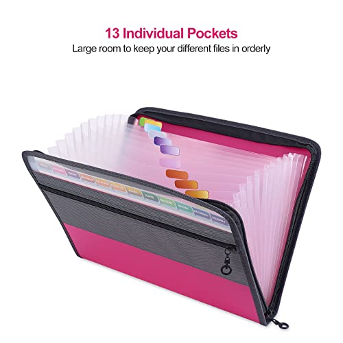 MEGREZ A4 Paper File Folder with 13 Pockets, Accordion File Folder with Zipper File Folder Organizer for Office, Waterproof Expanding File Folder with Tabs, Pink & Blue(2 Packs) - Image 2