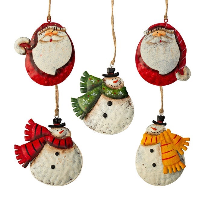 5 PACK RUSTIC METAL DOUBLESIDED CHRISTMAS TREE ORNAMENTS TIN SANTA SNOWMAN DECORATIONS HANGING PENDANTS ORNAMENTS CHRISTMAS HANGING ORNAMENT XMAS HOLIDAY DECOR