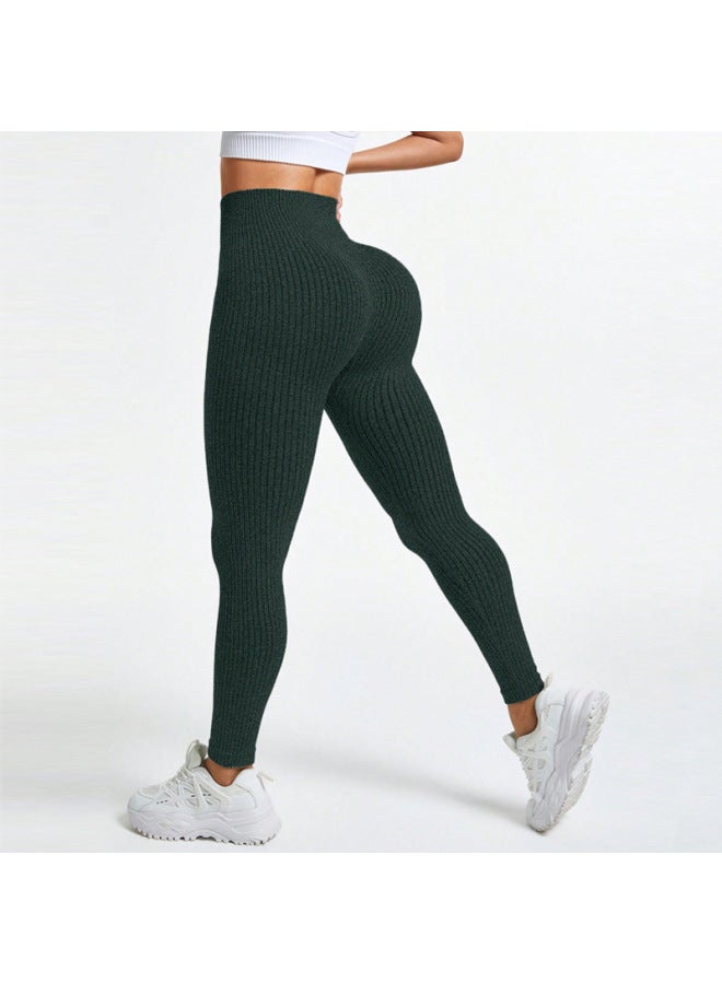 Ribbed Yoga Wear Sports Leggings For Women, High-waisted Tummy Control Yoga Pants, Peach Fitness Long Pants For Outerwear